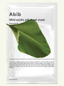 Abib mild acidic pH sheet mask packaging with a green leaf on a white background