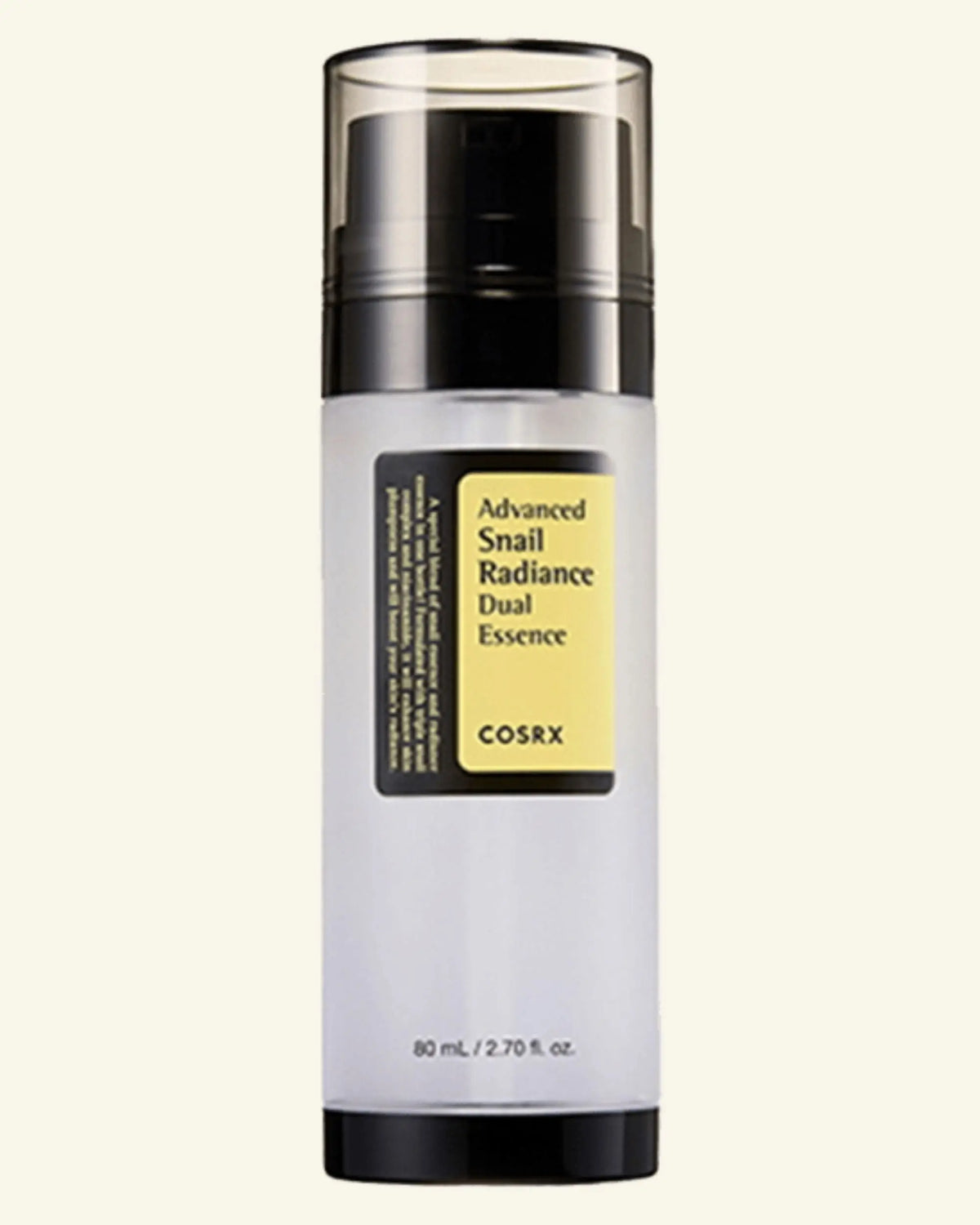 Cosrx Advanced Snail Radiance Dual Essence bottle on a white background