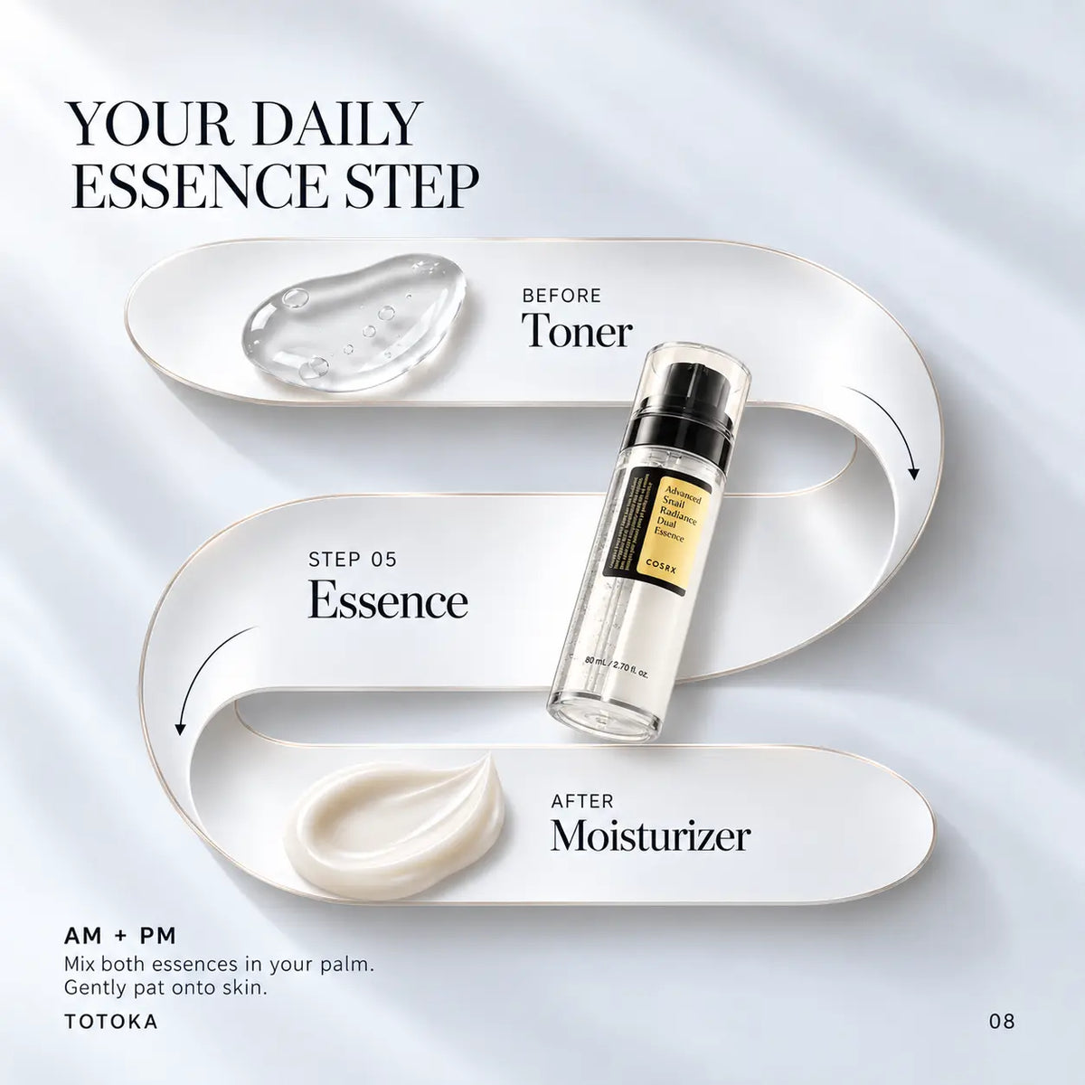 COSRX Advanced Snail Radiance Dual Essence with illustrated application and routine steps