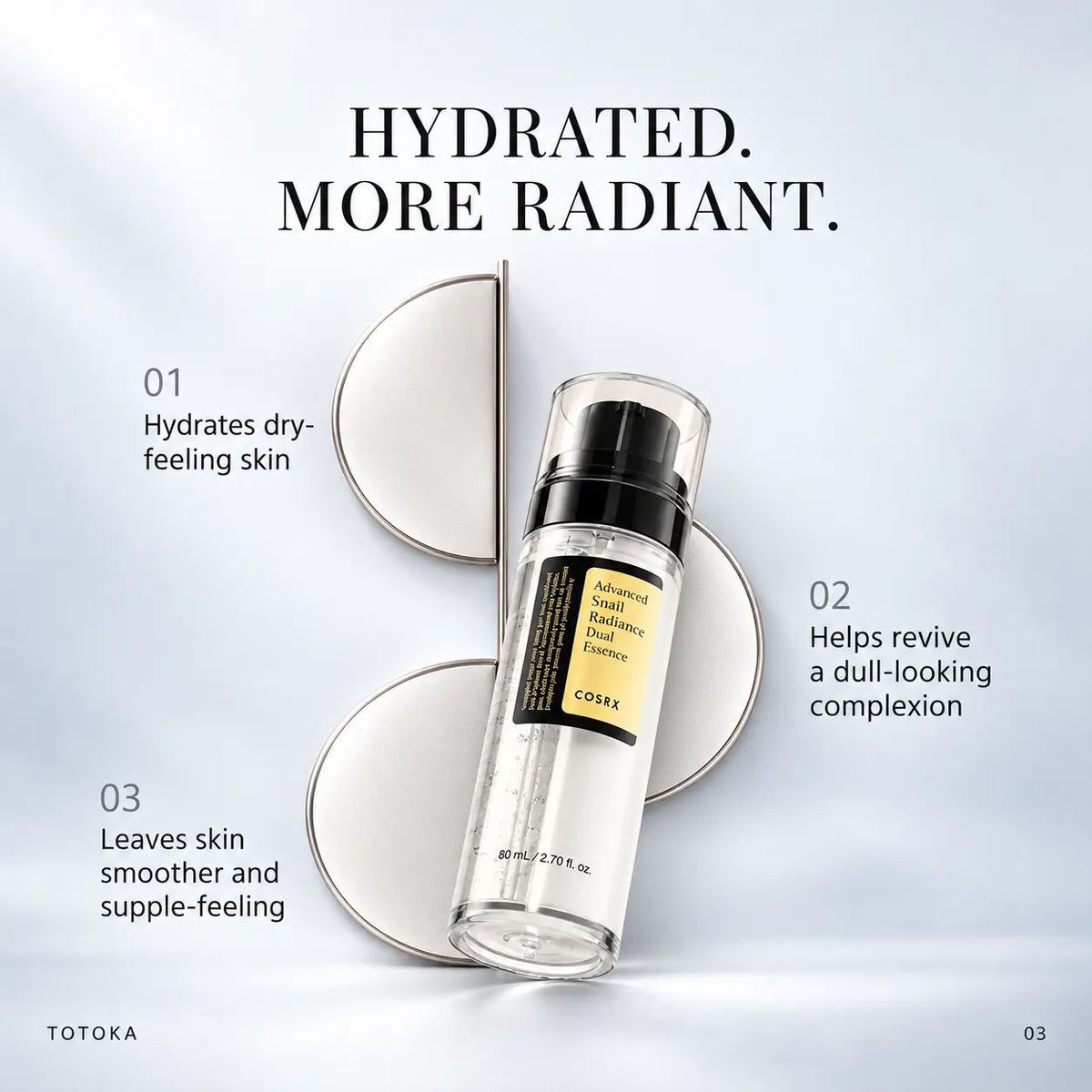 COSRX Advanced Snail Radiance Dual Essence bottle on a frosted background with bubbles