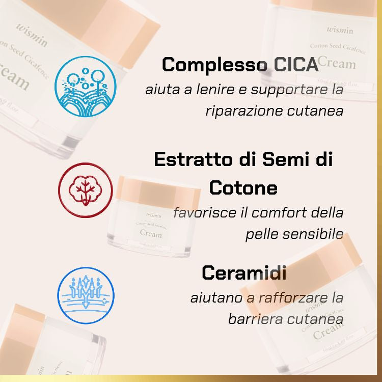 Key ingredients of Wismin - Cotton Seed Cicafence Cream | crema riparatrice per pelli sensibili