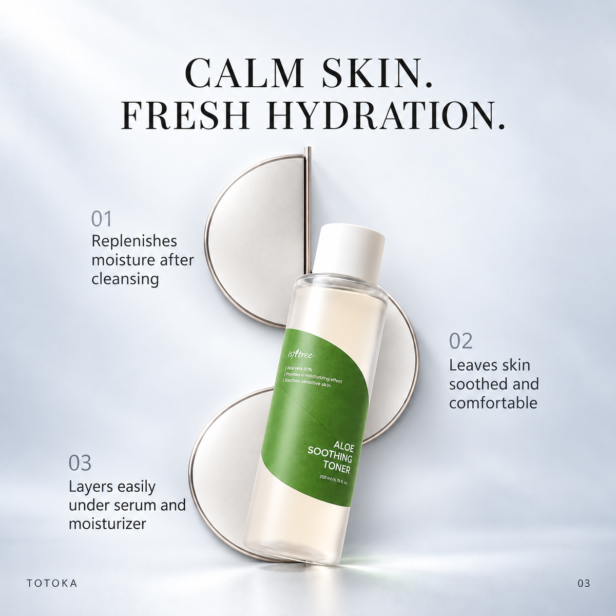 ISNTREE Aloe Soothing Toner bottle with aloe leaves on a frosted background