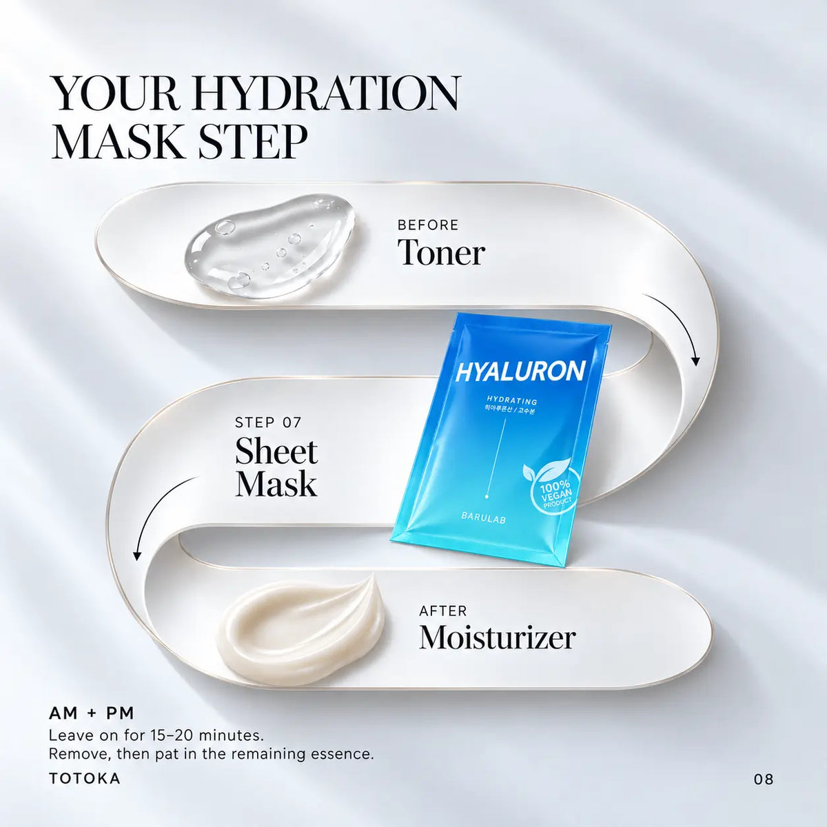 Barulab Hyaluron sheet mask with illustrated application and skincare routine steps