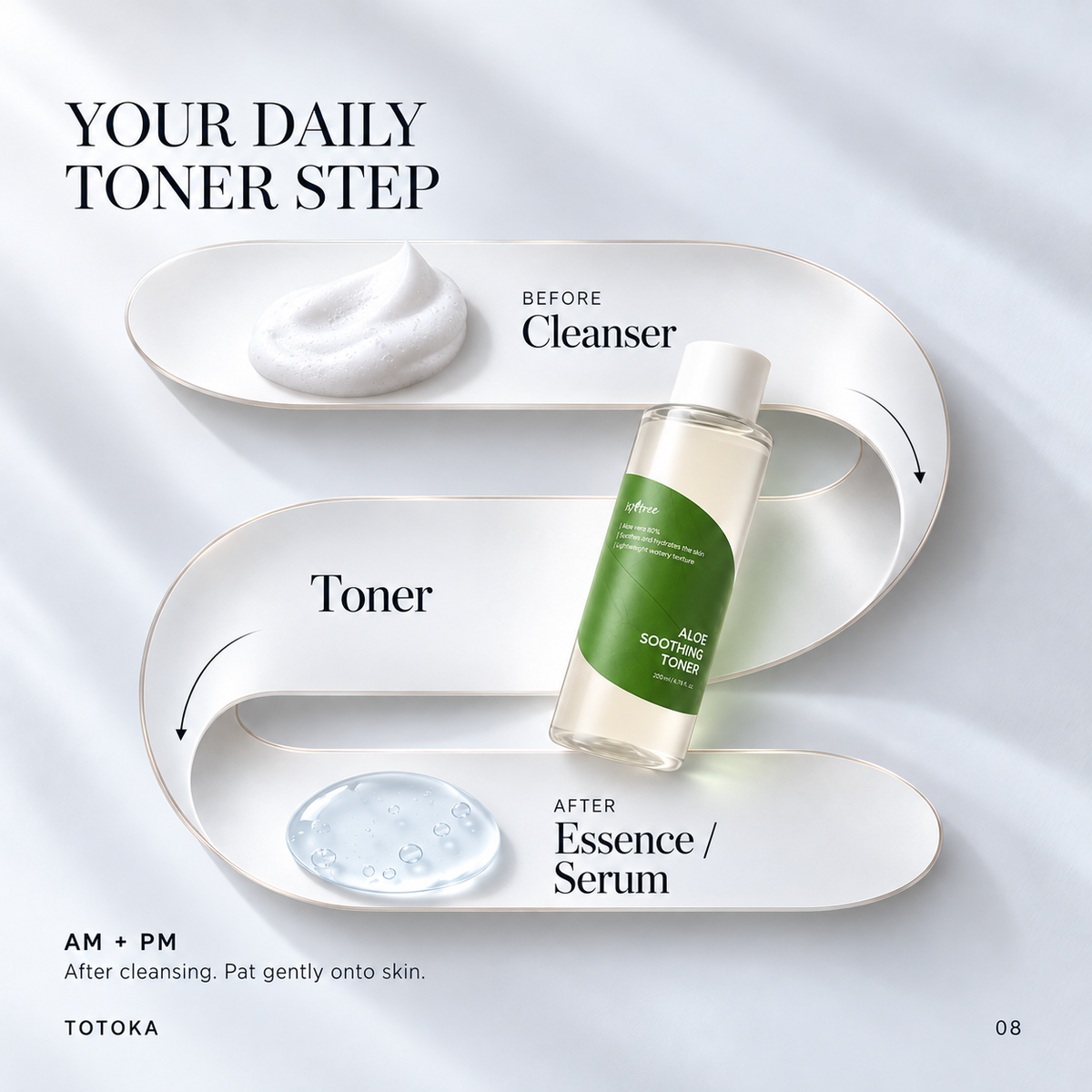 ISNTREE Aloe Soothing Toner bottle with illustrated application and routine steps