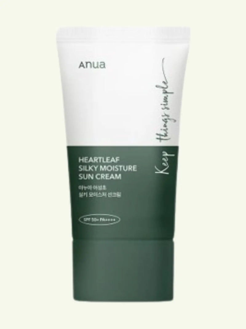 Tube of Anua Heartleaf Silky Moisture Sun Cream on a white background