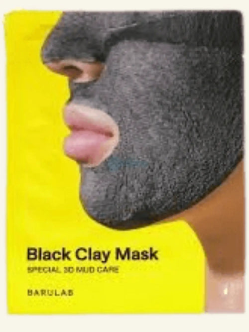 Black clay mask packaging with a yellow background and visible brand name.