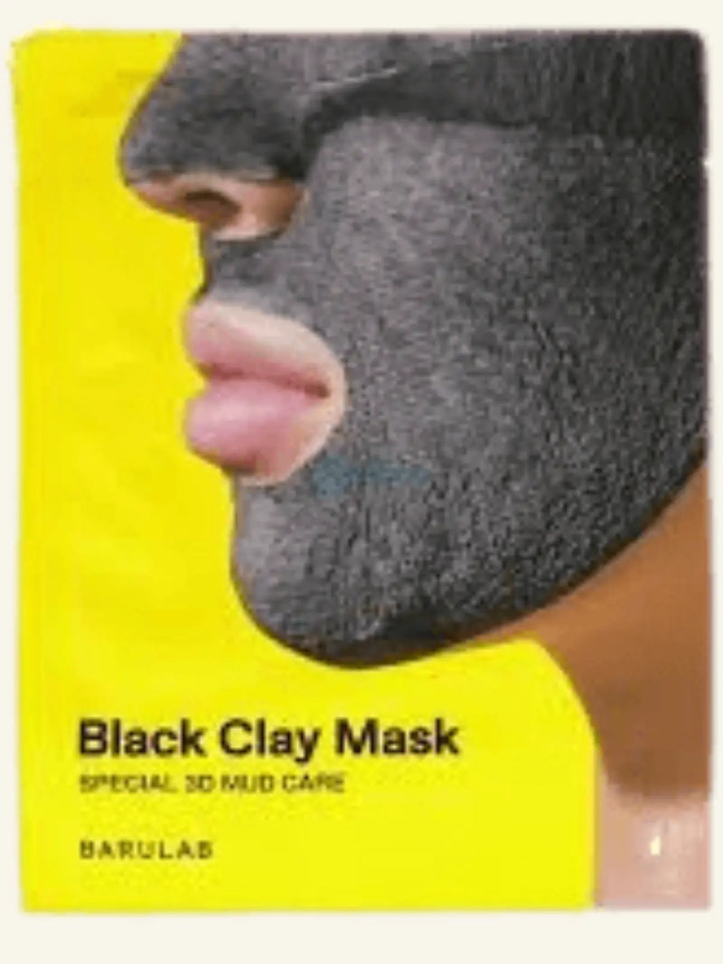 Black clay mask packaging with a yellow background and visible brand name.