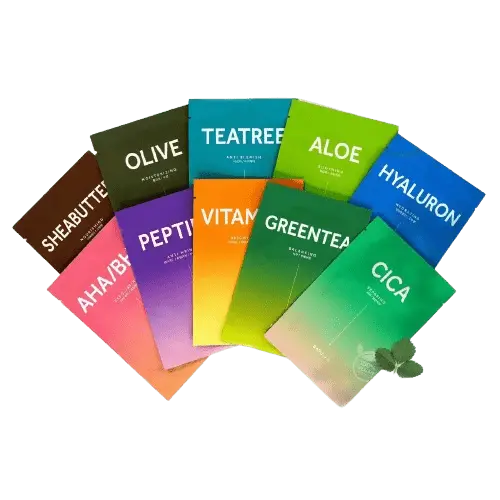 Barulab The Clean Vegan Mask range in colourful sachets, including the blue Hyaluron mask