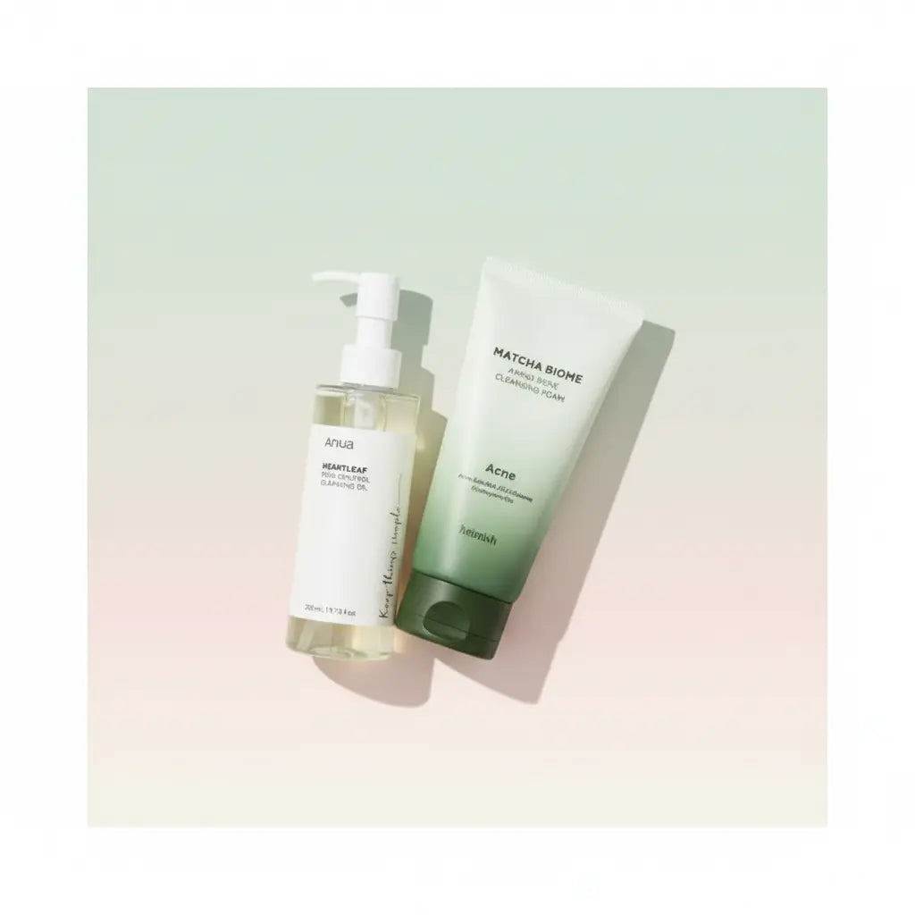 Two skincare products, a bottle and a tube, on a gradient background