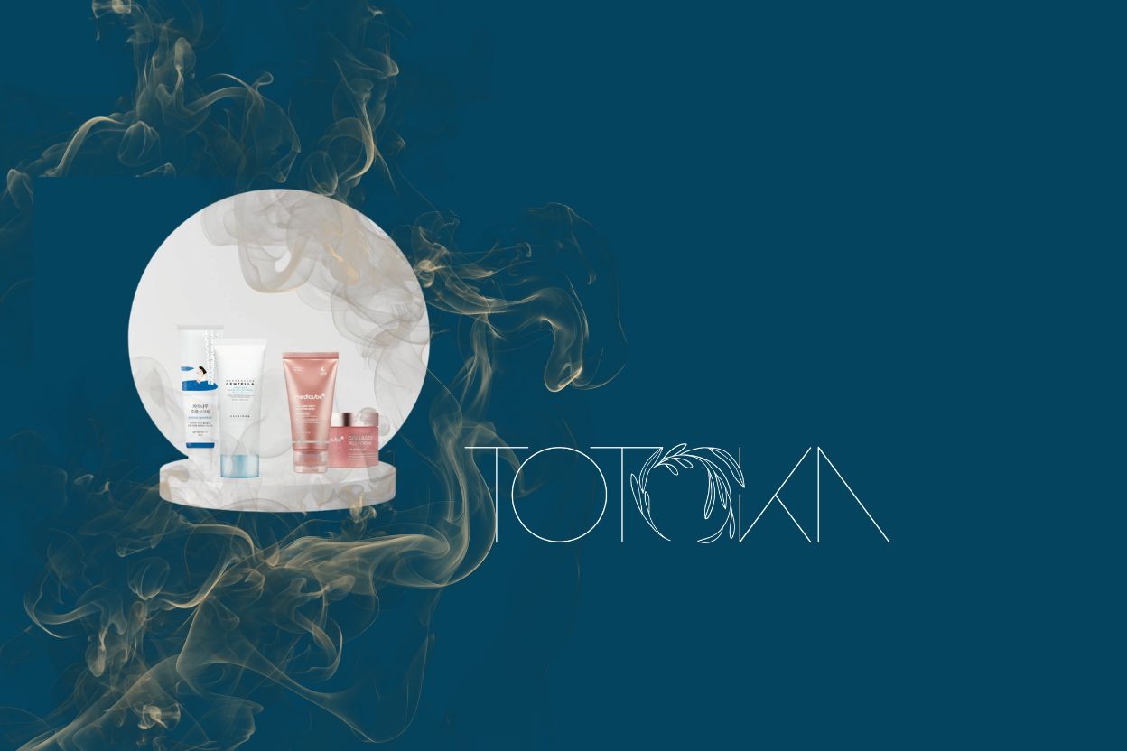 Cosmetic products in a crystal ball with 'Toton' branding on a dark blue background