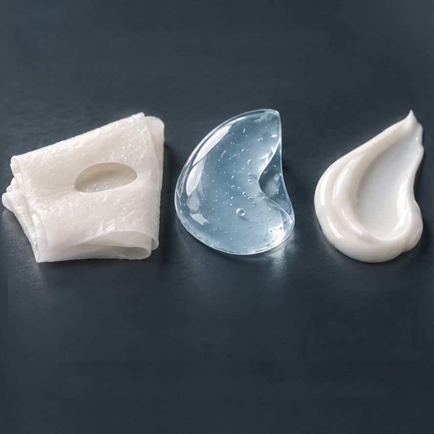 Clay, sheet, hydrogel and sleeping mask formats