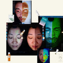 Collage of images showing a person's face with various skincare products and tools.