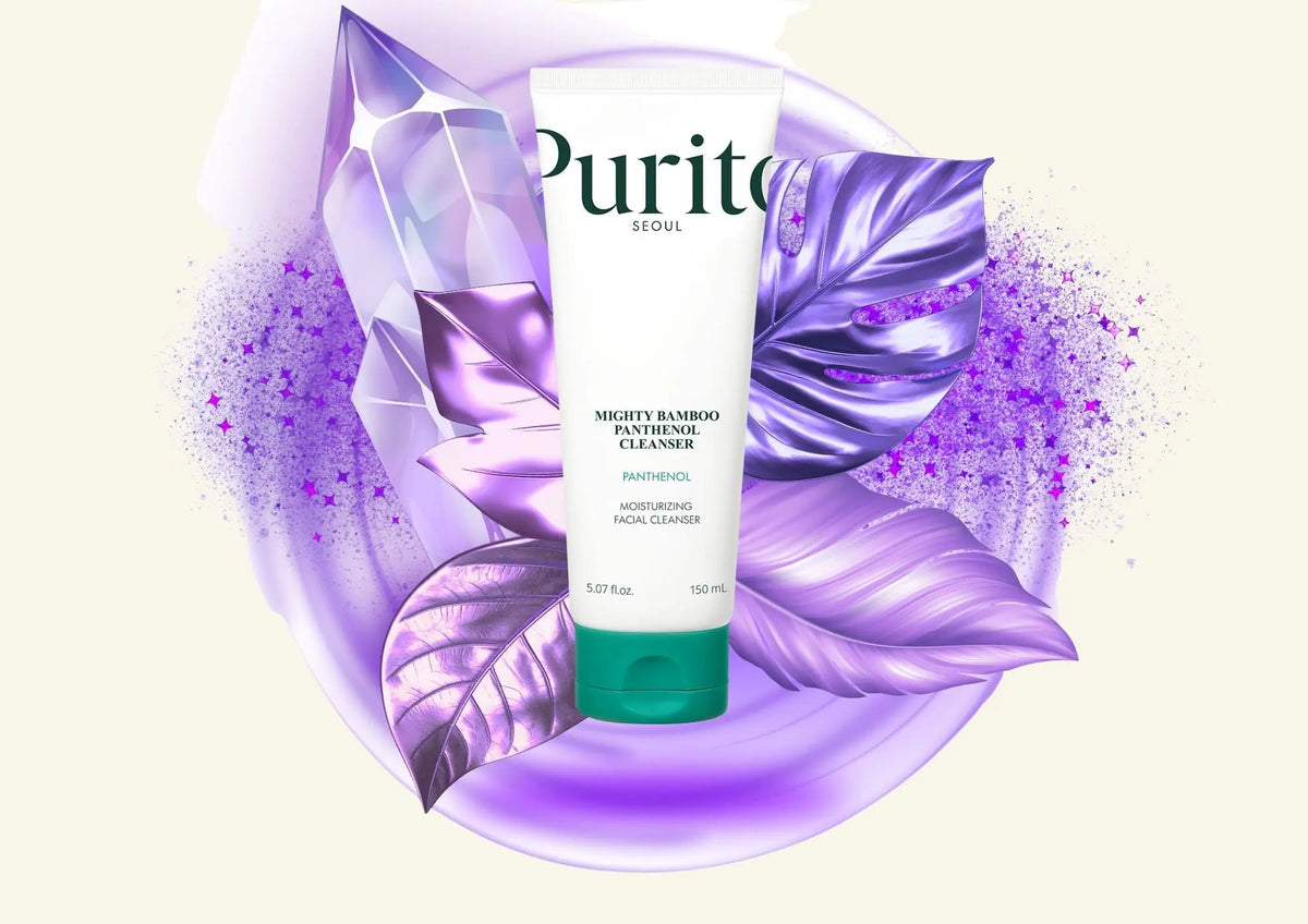 Purito skincare product with purple leaves on a light background