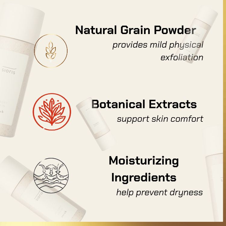 Key ingredients of Sioris – My Soft Grain Scrub | gentle facial scrub for sensitive skin