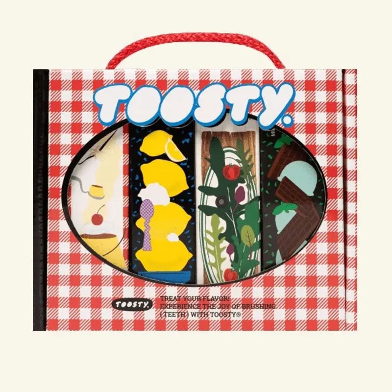 Toasty product packaging with colorful illustrations on a red and white checkered background