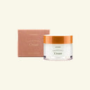 Jar of cream with orange lid and matching box on a beige background