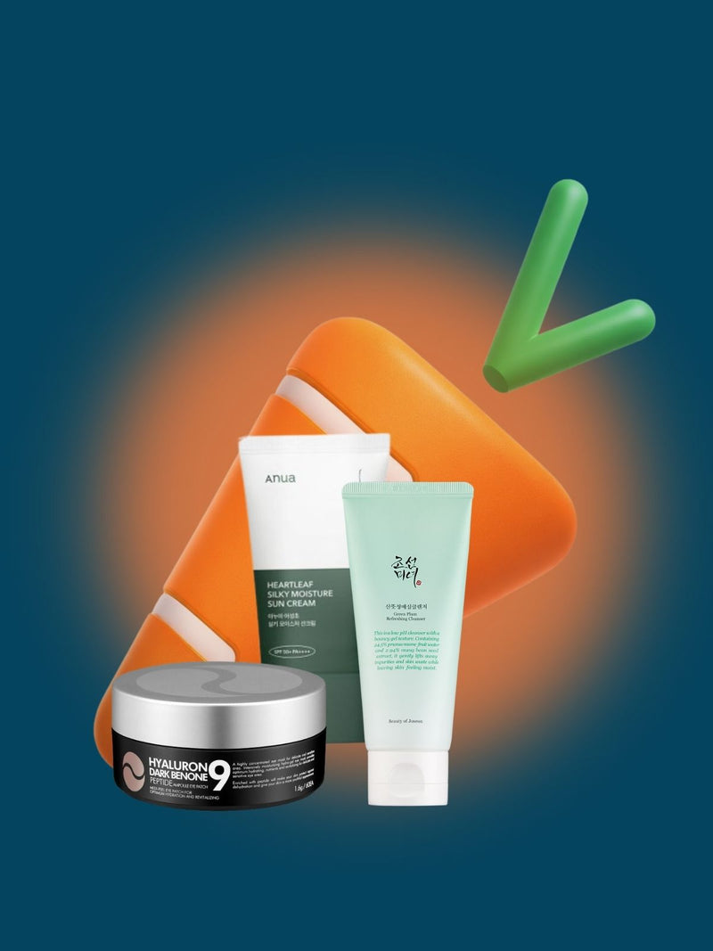 Cosmetic products with a carrot and green arrow on a blue and orange gradient background