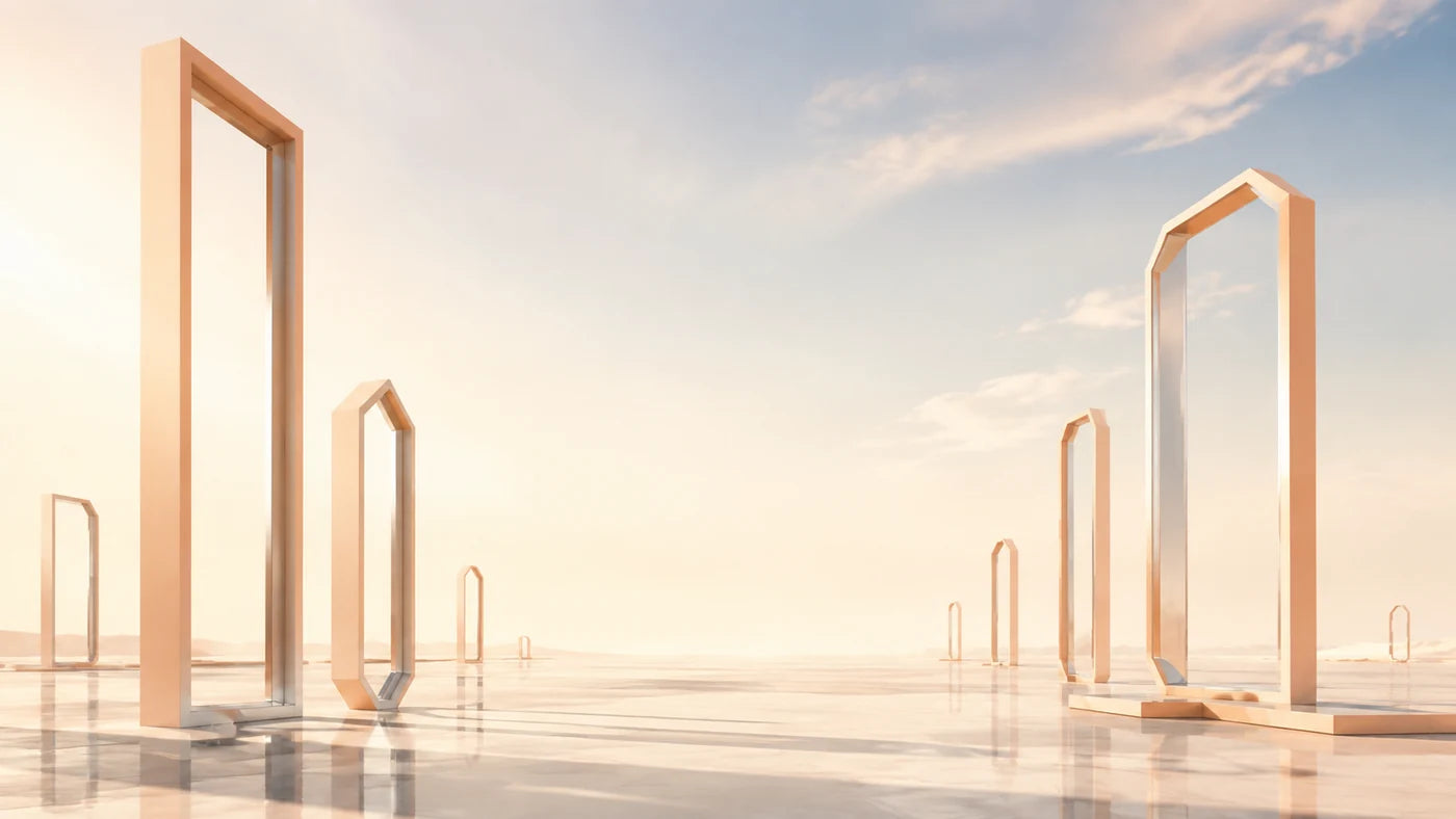 Luminous architecture and pearlescent reflections in peach tones.