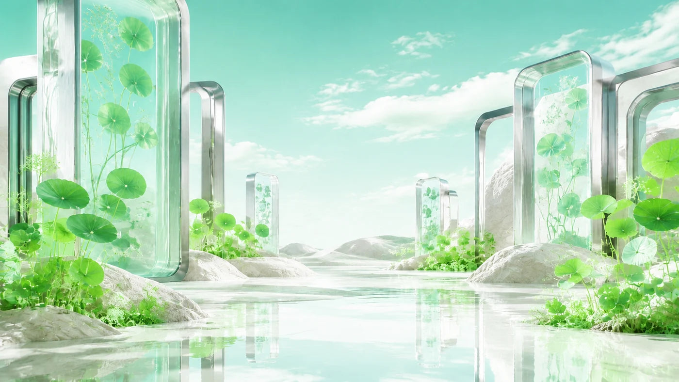 Pearlescent sage landscape with botanical elements.